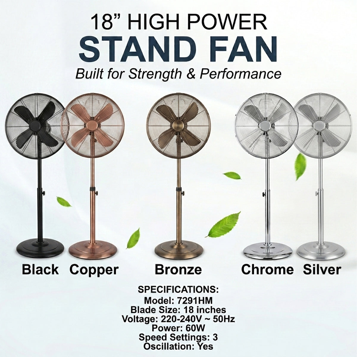 18” Inch Standing Fan Metal Oscillation Electric 3-Speed 18 Inch