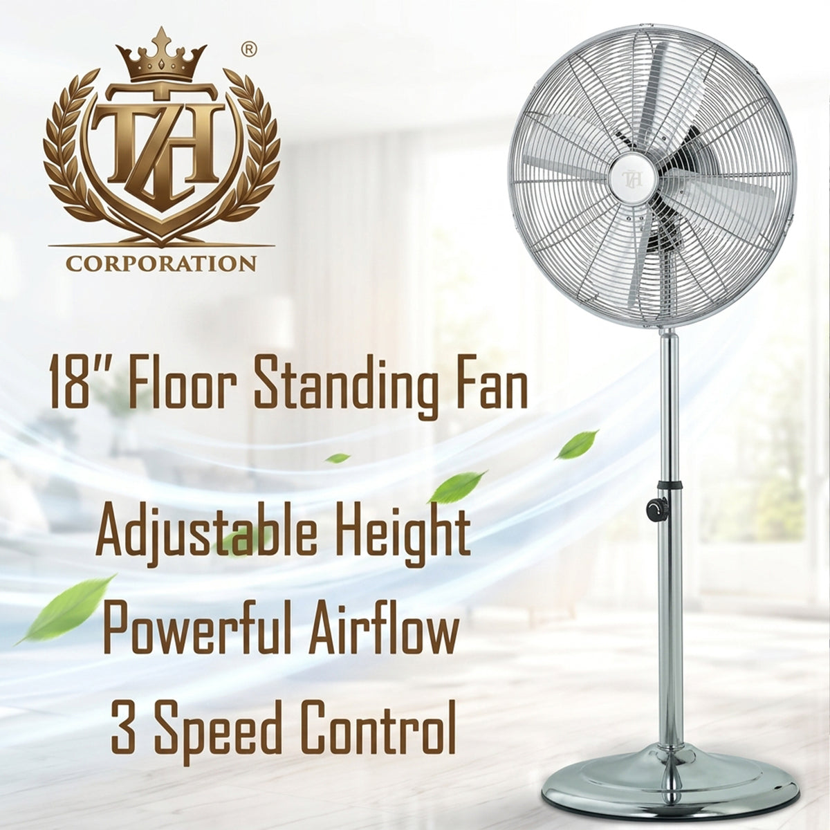 18” Pedestal Standing Floor Fan Chrome Metal Oscillation Electric 3-Speed