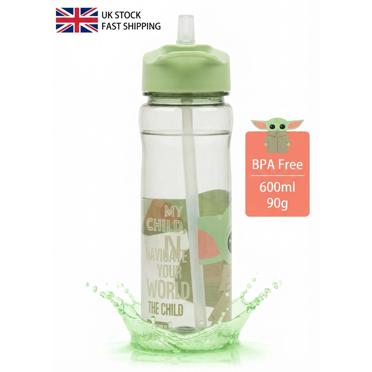SALE! STAR WARS GROGU THE CHILD DRINKS BOTTLE FLIP LID & STRAW 600ML MANDALORIAN