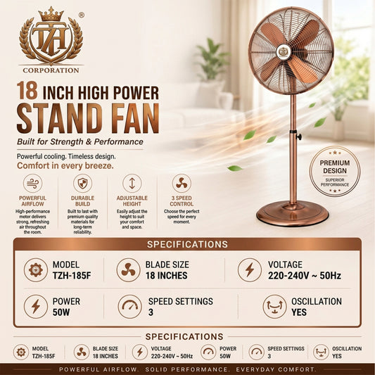 Standing Floor Fan Copper Metal Oscillation Electric 3-Speed 18 Inch No Sound.